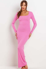 Pink Ribbed Long Sleeve Square Neck Maxi Dress
