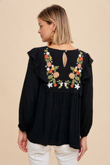 Black Embroidered Ruffle Shoulder Blouse