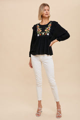 Black Embroidered Ruffle Shoulder Blouse