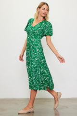 Green Floral Button Front Short Sleeve Midi Dress