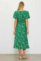 Green Floral Button Front Short Sleeve Midi Dress