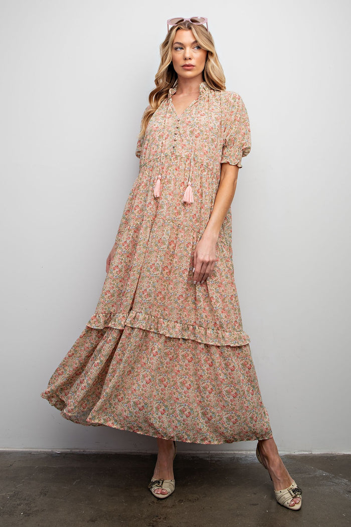 Peach Floral Chiffon Button Front Tiered Midi Dress