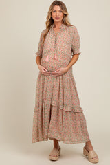 Peach Floral Chiffon Button Front Tiered Maternity Midi Dress