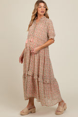 Peach Floral Chiffon Button Front Tiered Maternity Midi Dress