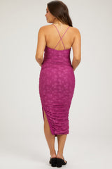 Magenta Floral Lace Ruched Cross Back Maternity Midi Dress