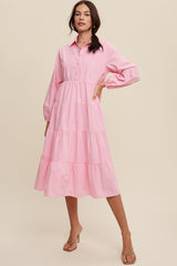 Pink Tiered Collared Midi Dress