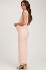 Light Pink Mock Neck Sleeveless Mesh Maternity Midi Dress