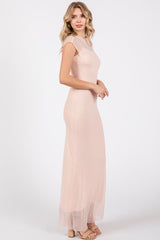 Light Pink Mock Neck Sleeveless Mesh Midi Dress