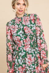 Green Floral Chiffon Poet Sleeves Dress