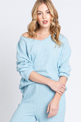 Light Blue Ribbed Soft Knit Long Sleeve Pajama Set