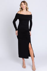 Black Foldover Off Shoulder Front Slit Midi Dress