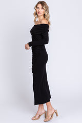 Black Foldover Off Shoulder Front Slit Midi Dress