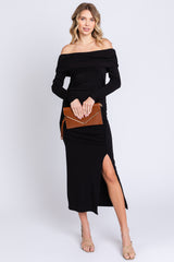 Black Foldover Off Shoulder Front Slit Maternity Midi Dress