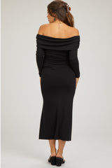 Black Foldover Off Shoulder Front Slit Maternity Midi Dress