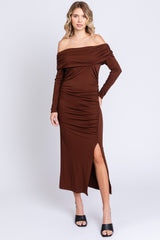 Brown Foldover Off Shoulder Front Slit Maternity Midi Dress