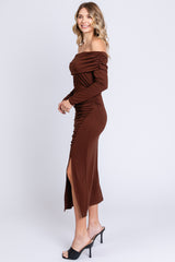 Brown Foldover Off Shoulder Front Slit Midi Dress