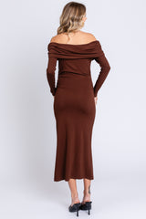 Brown Foldover Off Shoulder Front Slit Midi Dress