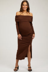 Brown Foldover Off Shoulder Front Slit Maternity Midi Dress