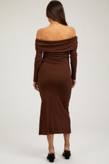 Brown Foldover Off Shoulder Front Slit Maternity Midi Dress