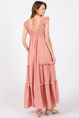 Mauve Smocked Ruffle V-Neck Maxi Dress