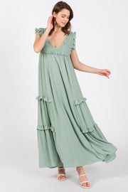 Light Olive Smocked Ruffle V-Neck Maxi Dress