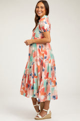 Aqua Floral Button Front Short Sleeve Tiered Maternity Midi Dress