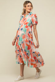 Aqua Floral Button Front Short Sleeve Tiered Maternity Midi Dress