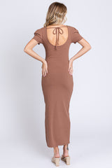 Brown Ribbed Square Neck Side Slit Dress