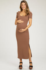 Brown Ribbed Square Neck Side Slit Maternity Dress