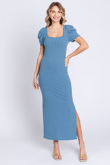 Blue Ribbed Square Neck Side Slit Maternity Dress