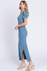 Blue Ribbed Sqaure Neck Side Slit Dress