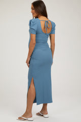 Blue Ribbed Square Neck Side Slit Maternity Dress