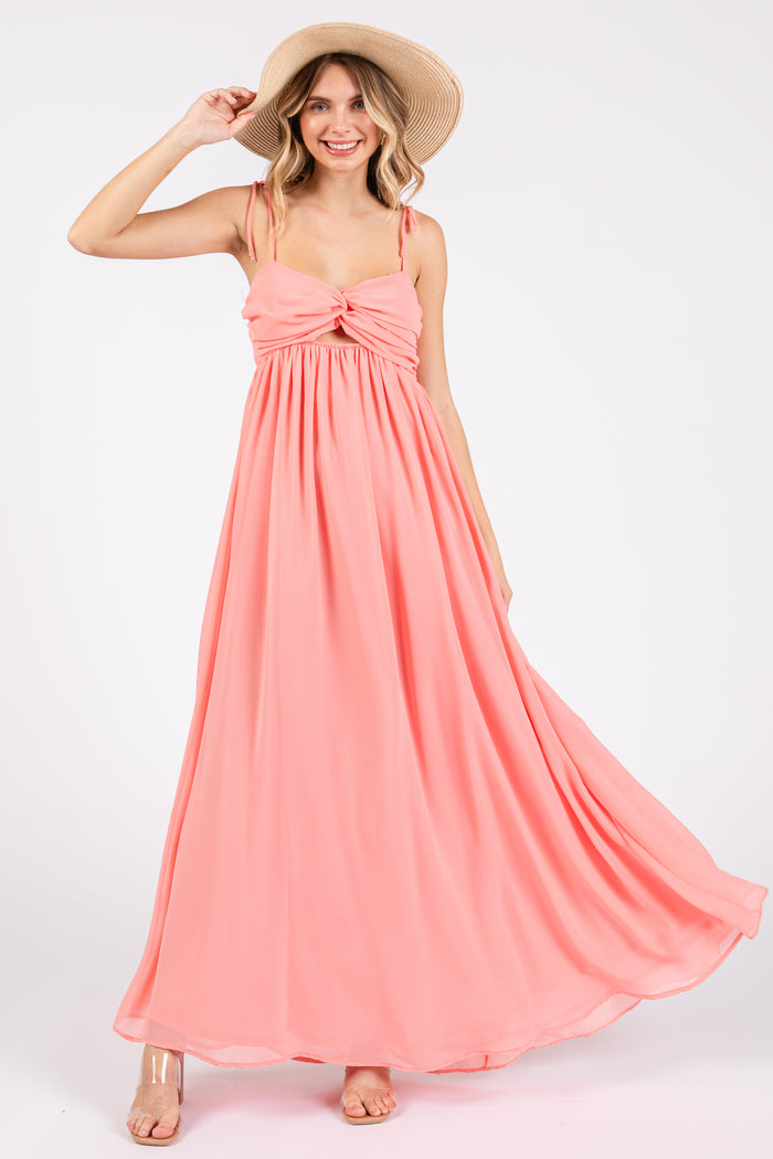Peach Chiffon Sleeveless Cutout Front Maternity Maxi Dress
