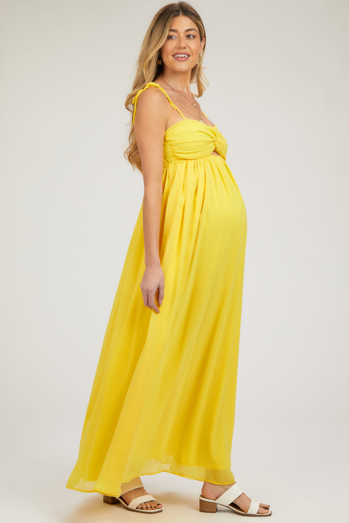 Yellow Chiffon Sleeveless Cutout Front Maternity Maxi Dress