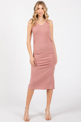 Mauve Sleeveless Ribbed Ruched Maternity Dress