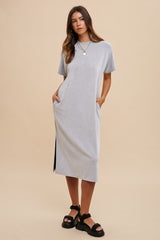 Grey Ribbed Short Dolman Sleeve Side Slit Maternity Midi Dress