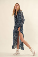 Indigo Floral Chiffon Ruffled Surplice Maxi Dress