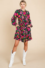 Navy Floral Ruffle Mock Neck Long Sleeve Dress