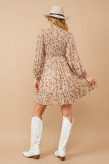 Taupe Floral Smocked Long Sleeve Dress