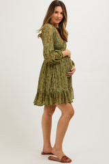 Olive Floral Smocked Long Sleeve Maternity Dress