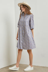 Light Blue Floral Button Front 3/4 Sleeve Maternity Dress