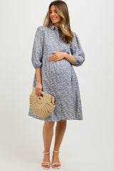 Light Blue Floral Button Front 3/4 Sleeve Maternity Dress