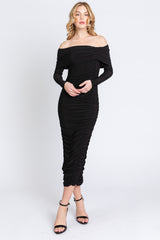 Black Off Shoulder Mesh Ruched Maternity Midi Dress