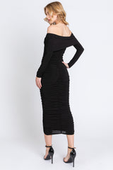 Black Off Shoulder Mesh Ruched Midi Dress