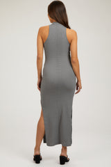 Grey Ribbed Side Slit Maternity Maxi Dress