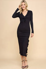 Black Ruffle Ruched Long Sleeve Maxi Dress