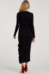 Black Ruffle Ruched Long Sleeve Maternity Maxi Dress