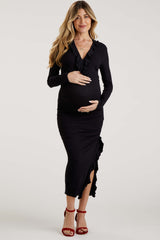 Black Ruffle Ruched Long Sleeve Maternity Maxi Dress