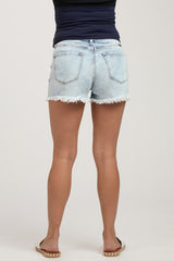 Light Blue Acid Wash Fringe Maternity Jean Shorts