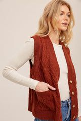 Rust Cable Knit Oversized Sweater Vest With Pockets